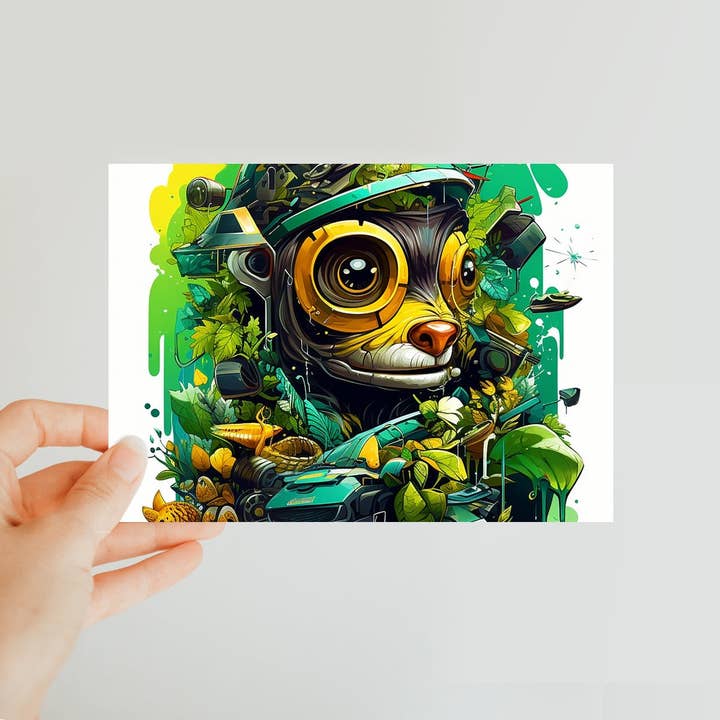 Nature's Resilience: Surreal Auto-Forest Artwork - Whimsical Raccoon and Greenery Infused Car Classic Postcard for wholesale by D'Sare