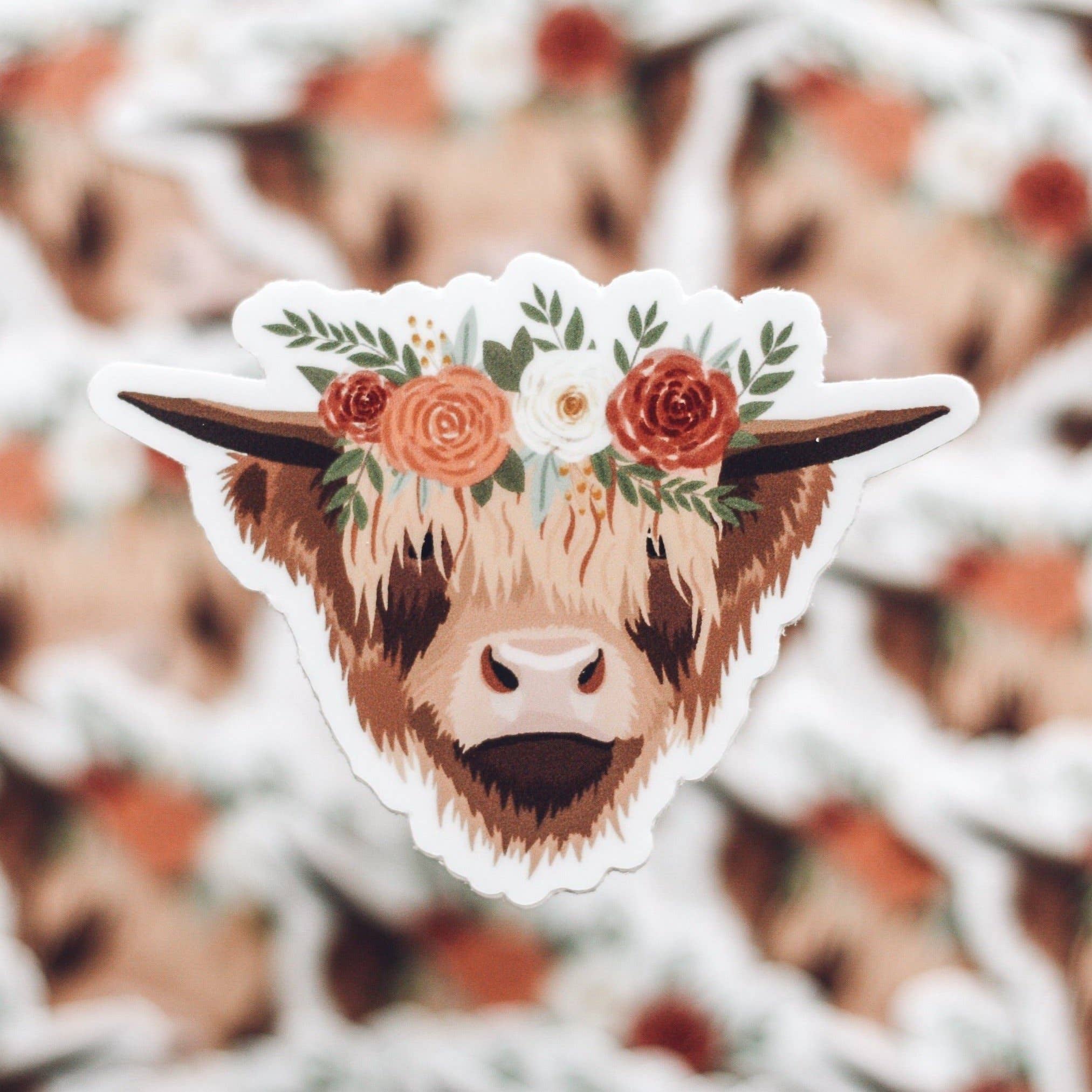 Jess' Paper Co. - Vente Autocollant - Autocollant vache des Highlands en couronne florale1