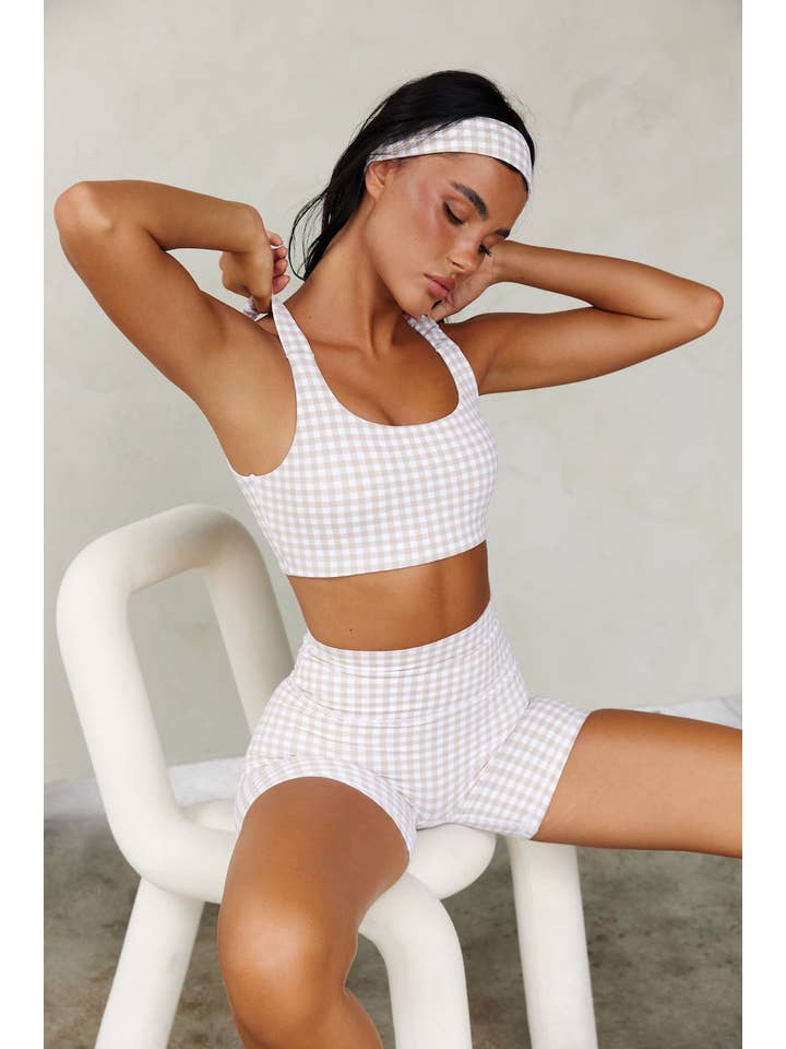Astoria LUXE BALANCE Ruched Sports Crop - Beige Gingham for wholesale on Faire4