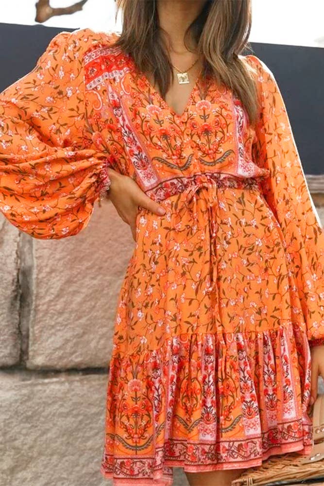 Orange Boho V Neck Short Sleeves Puff Sleeves Dress ZK1952 for wholesale on Faire0