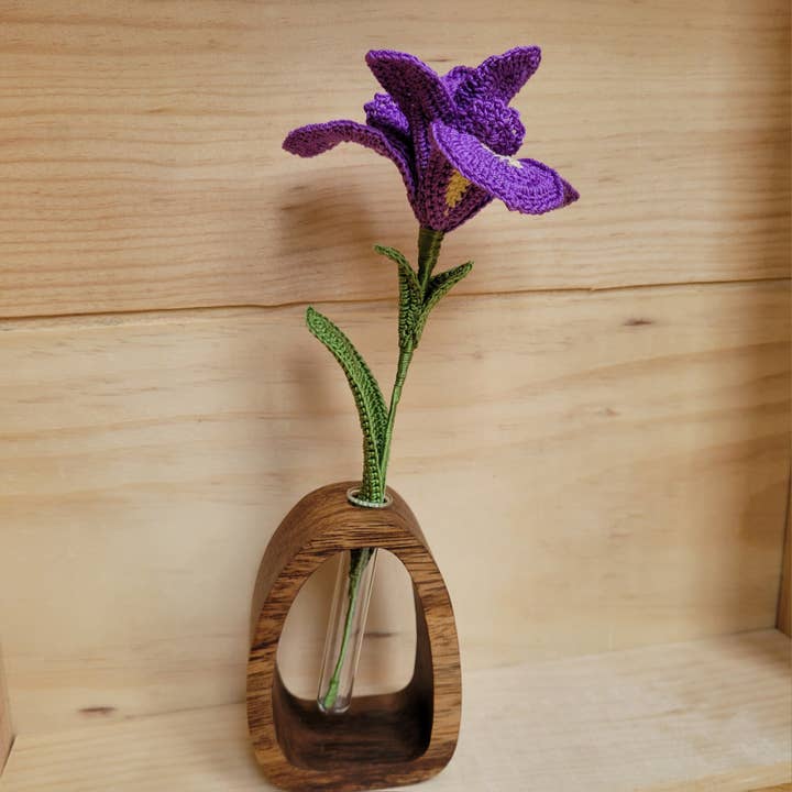 Crochet Iris Flower in Wooden Vase for wholesale by J.Crafter
