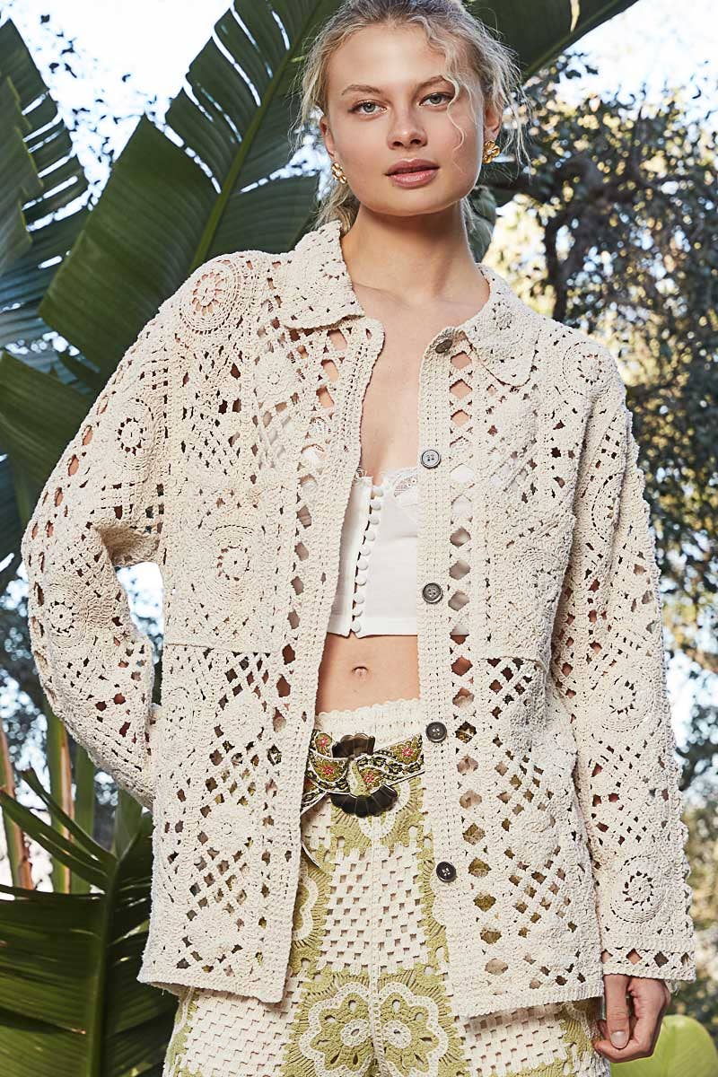 Pol Clothing - Vente Chemise à col boutonné – femme - Chemise boutonnée surdimensionnée en crochet uni2