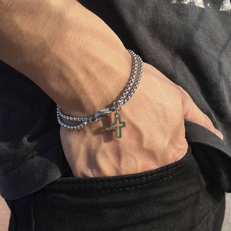 Gemscape UK - Wholesale Charm/Dangle Bracelet - Men Bracelet: Double Snake Chain Cross Bracelet2