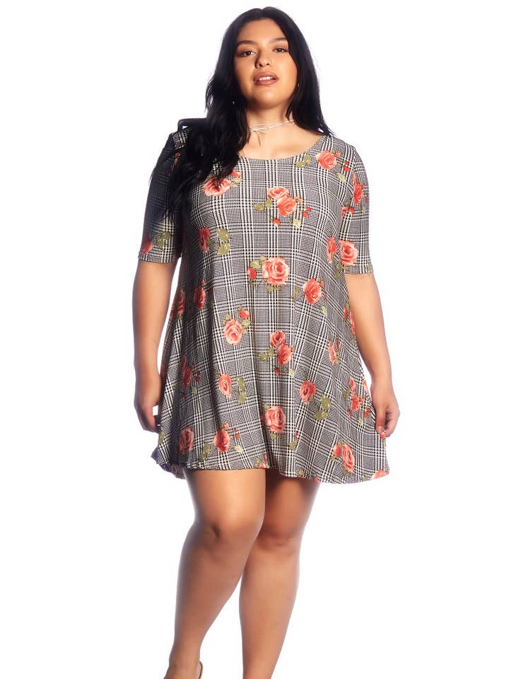 Plus pläd blommig borstad sväng klänning för wholesale av VIBE Apparel Co