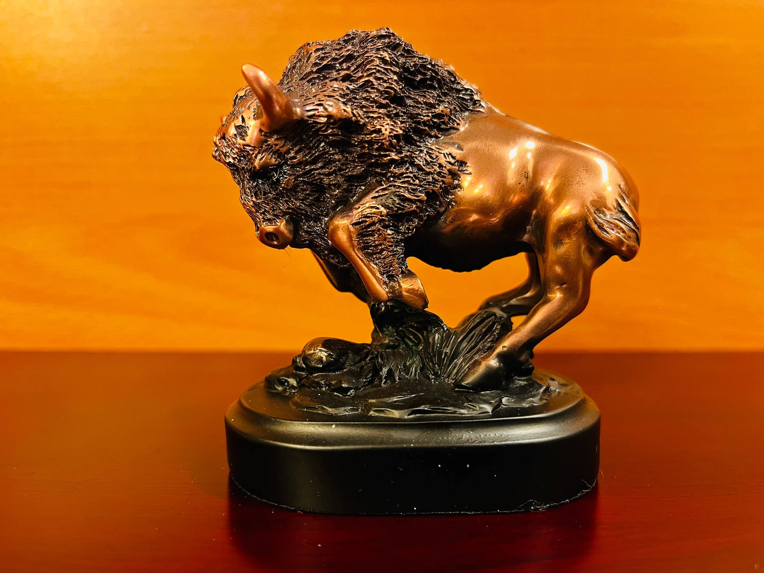 KSR Designs - Wholesale Sculpture - Small Bronze Finish Buffalo Sculpture on Base, 3.50"Hx3.25"W