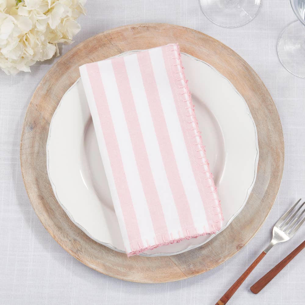 Fennco Styles - Wholesale Dinner & Cloth Napkin - White & Pink Striped Whipstitch Cotton 20" Cloth Napkin