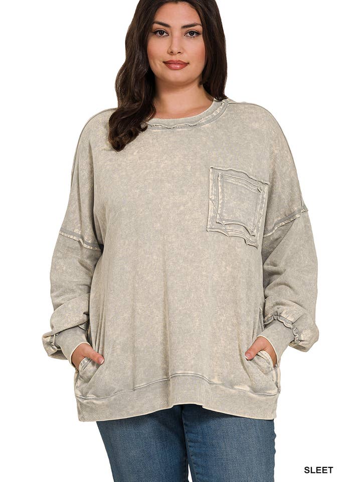 42POPS - Wholesale Sweatshirt - Women's - ', Plus French Terry Acid Wash Raw Edge Front Pocket