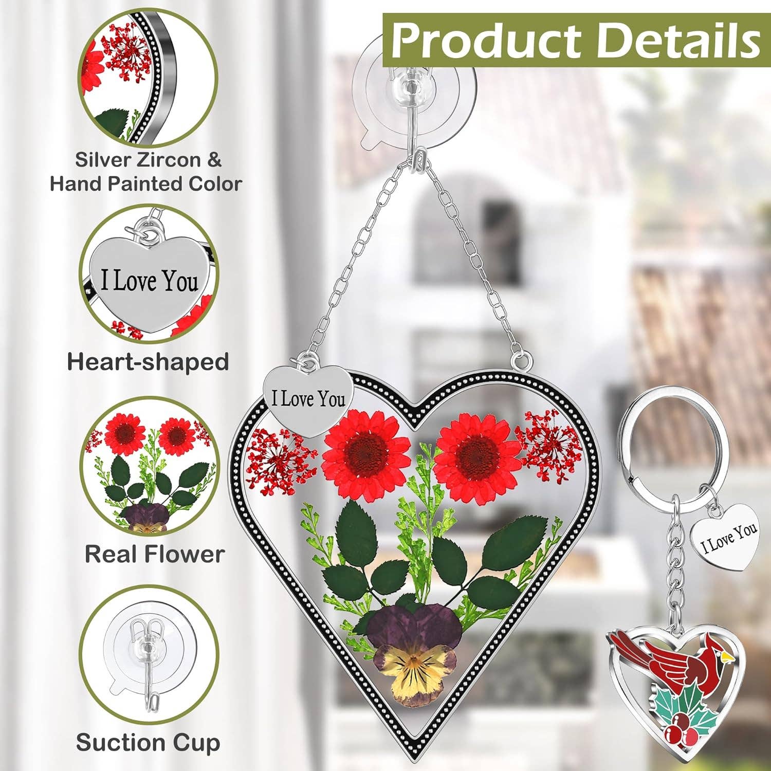 Longshinnning - Wholesale Suncatcher - Heart-Shaped Real Flower Suncatcher with 'I Love You' Keychain Gift Set5