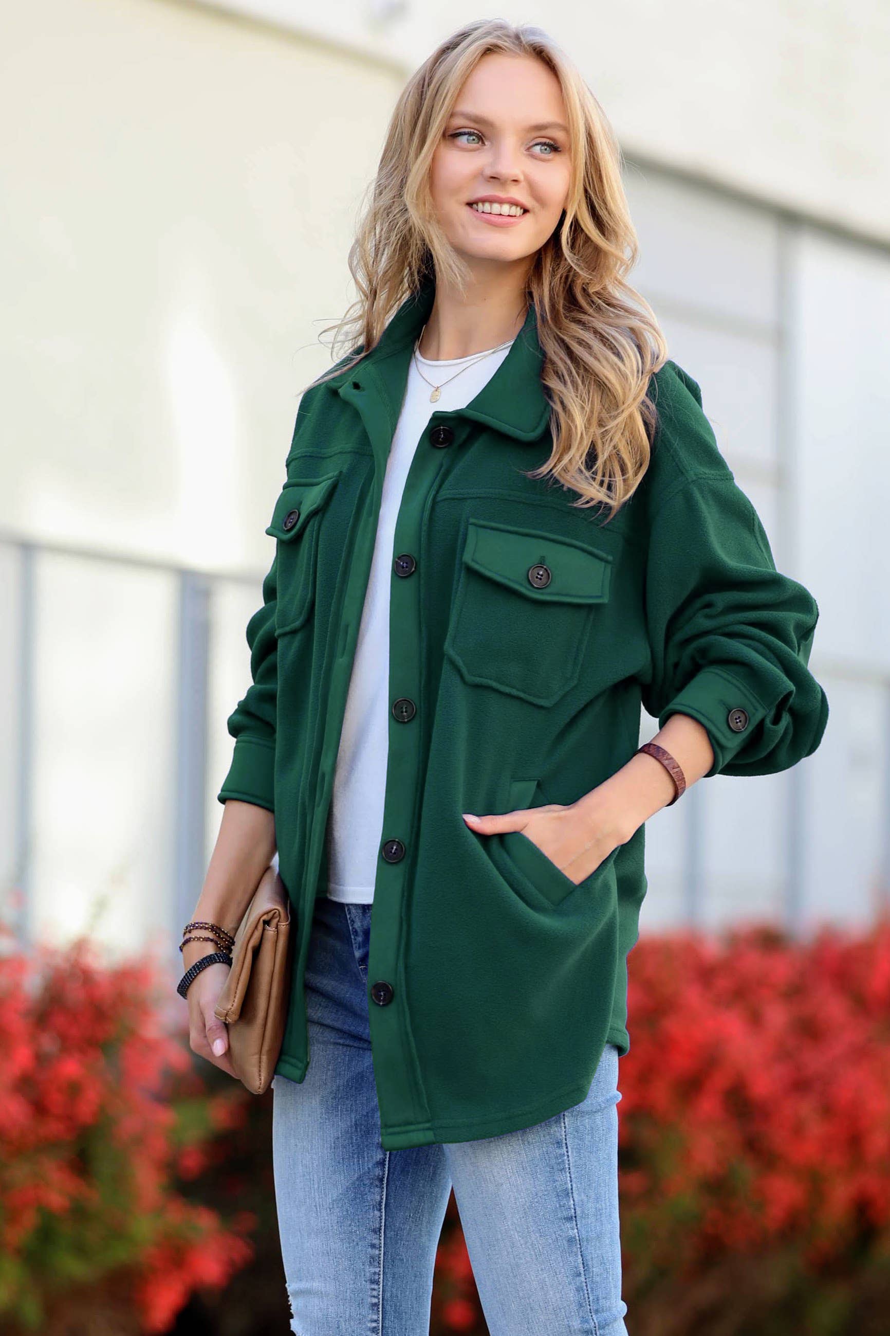 42POPS – Casaco camiseiro – Mulher por atacado – Sobrecamisa de Lã Sobredimensionada c/ remendo no cotovelo9