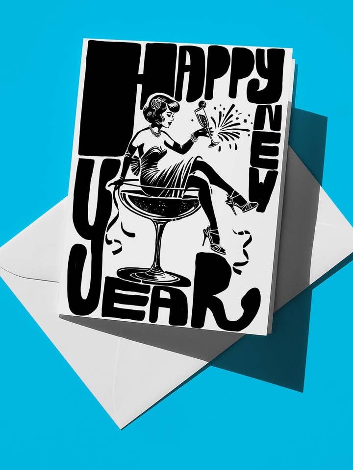 Cartão de Ano Novo Feliz | Mulher Clássica em Preto e Branco Brinda com Champanhe | Cartão de Saudação de Celebração Festiva por atacado de semiserious studio