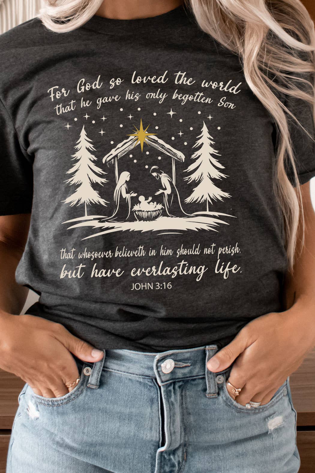 Kissed Apparel - Wholesale Screen Printed T-Shirt - Women's - For God So Loved The world Nativity Graphic Tee1