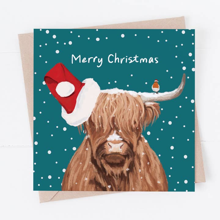 Højlandskvæg Julekort, højlandskvæg i sneen for engroshandel hos Richarts Designs