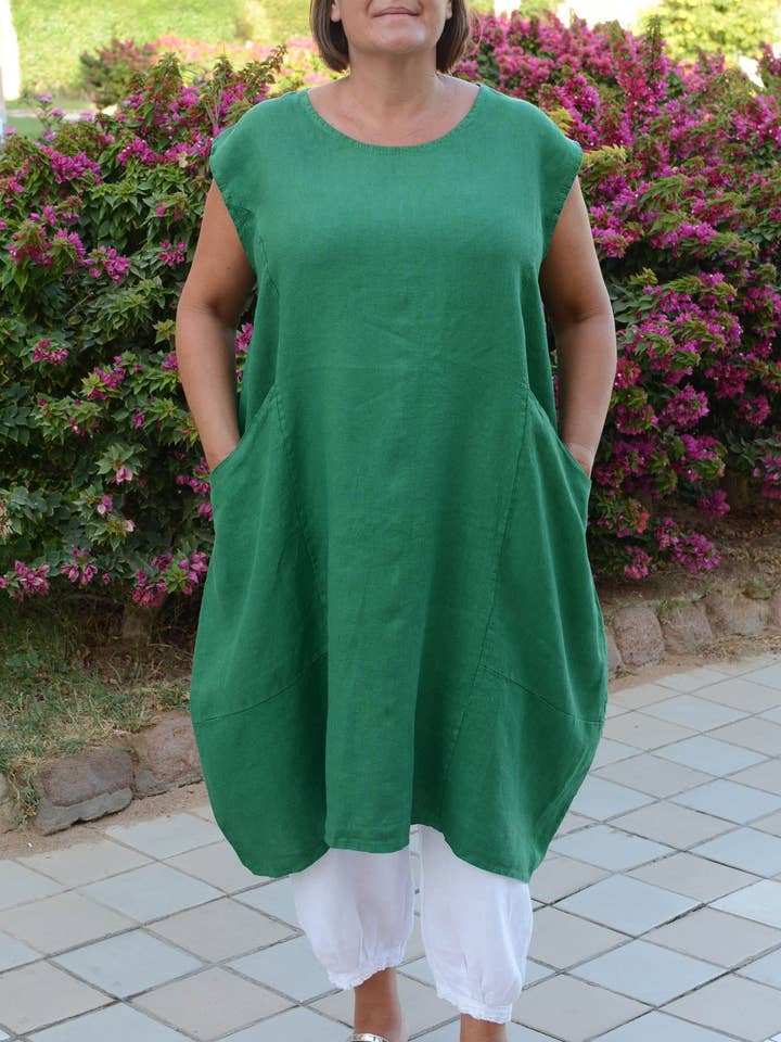 Plus Size Linen Cap Sleeve Dress With Deep Pockets - 9450 for wholesale by Jeld Wholesale