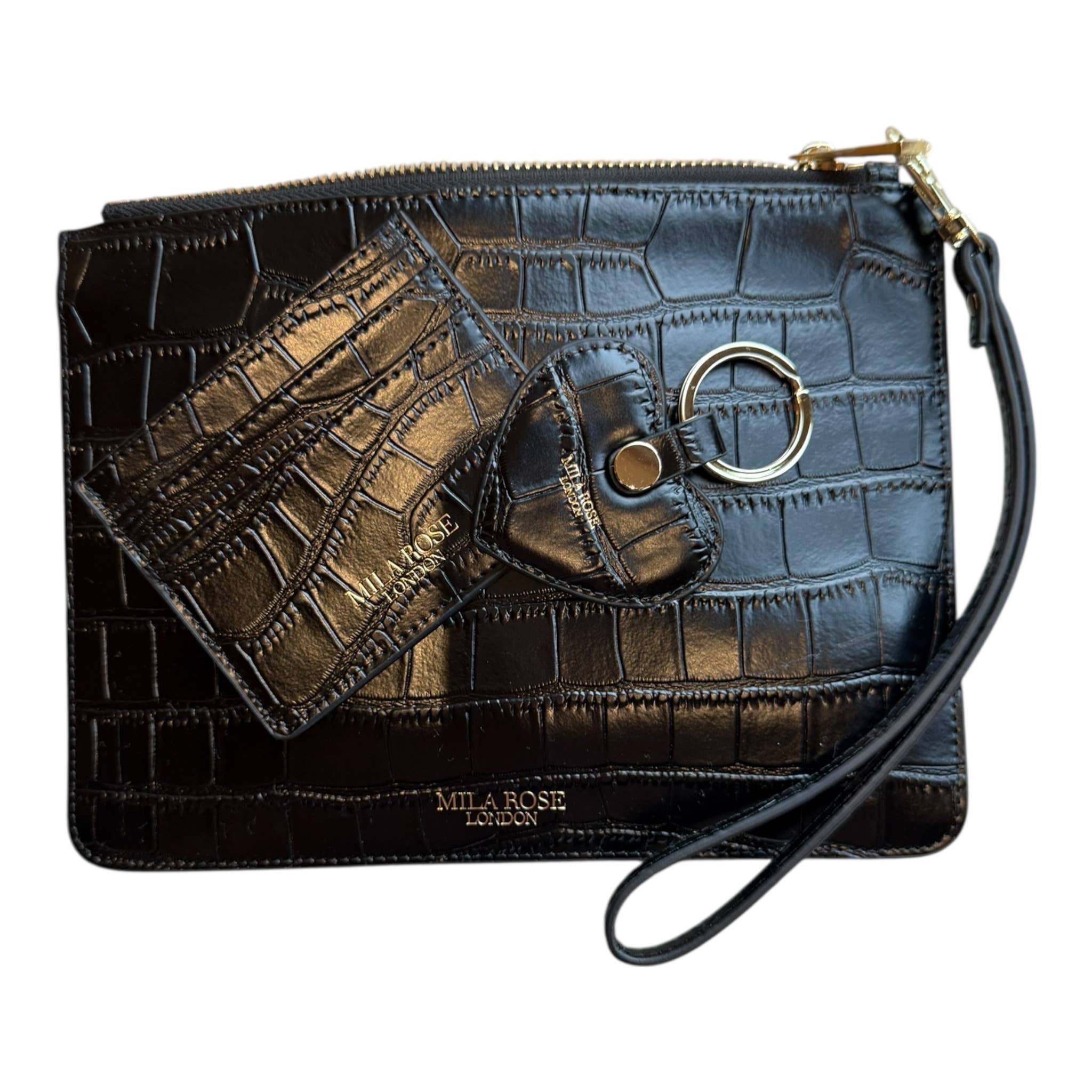 Mila Rose London - Vente Pochette – femme - Pochette en cuir noir imprimé crocodile Cadeau de Noël14