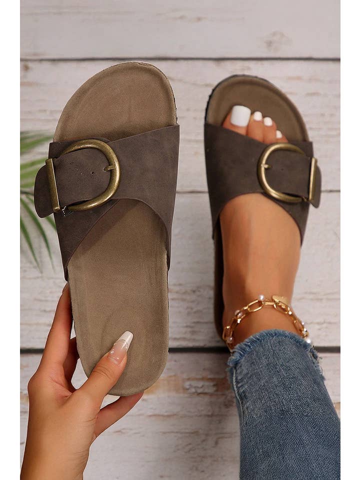 Coffee LDC Buckle Decor Faux Suede Thick Sole Slippers for wholesale on Faire