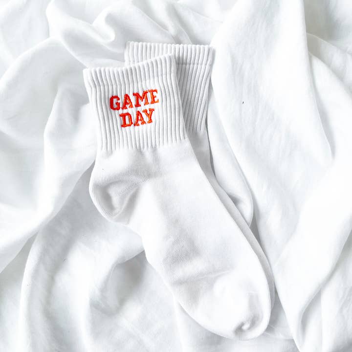 White Custom Embroidered Game Day Crew Socks | Go Team Socks for wholesale on Faire2