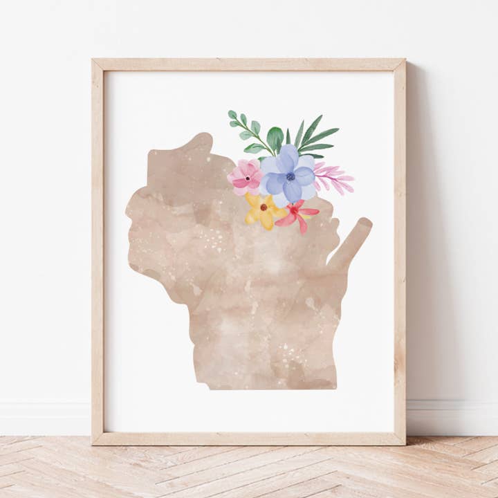 Wisconsin Floral Silhouette Art Print for wholesale by Backstory Map Co.