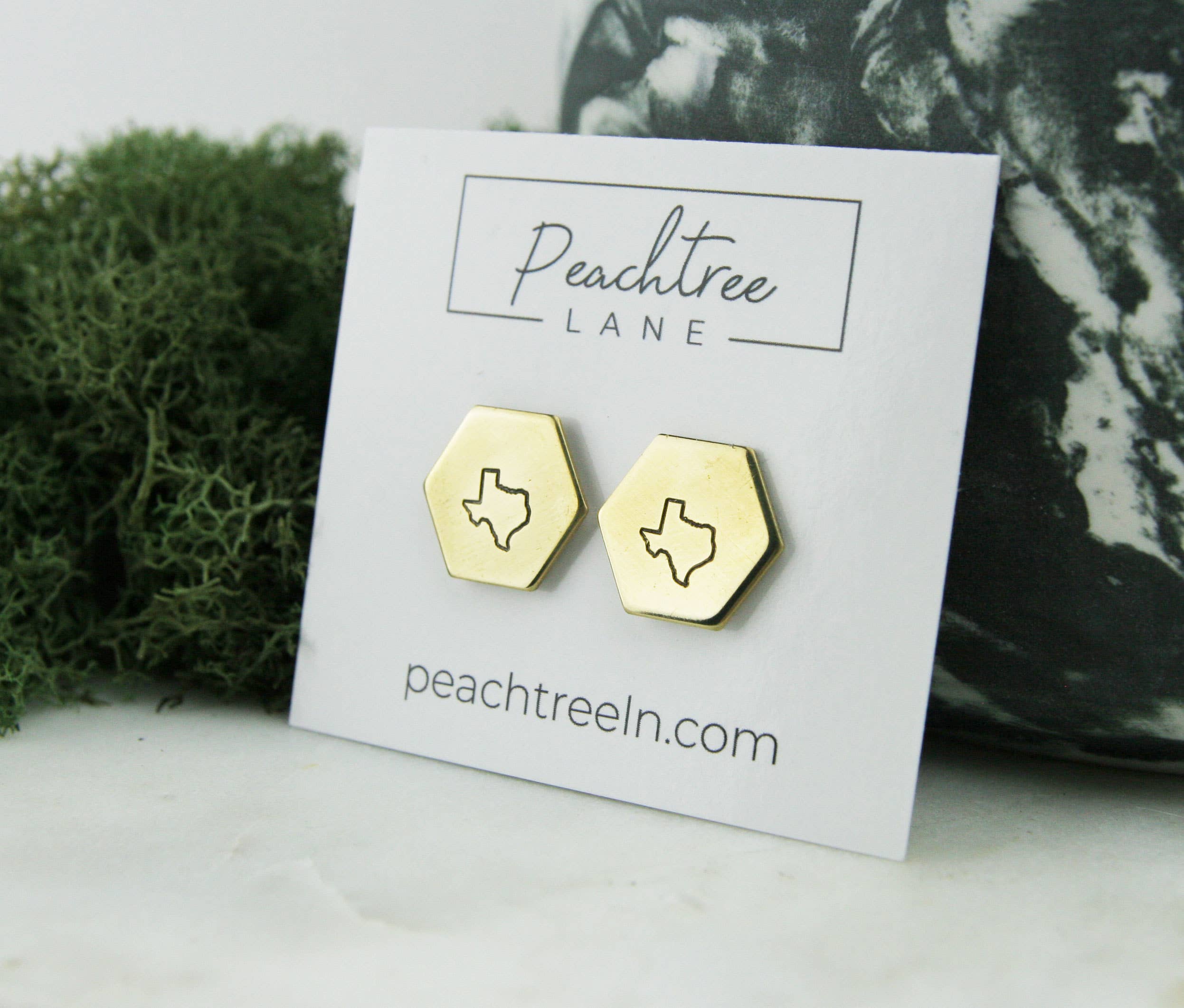 Peachtree Lane Co. - Wholesale Stud/Post Earrings - Texas Stamped State - Brass Hexagon Earrings0