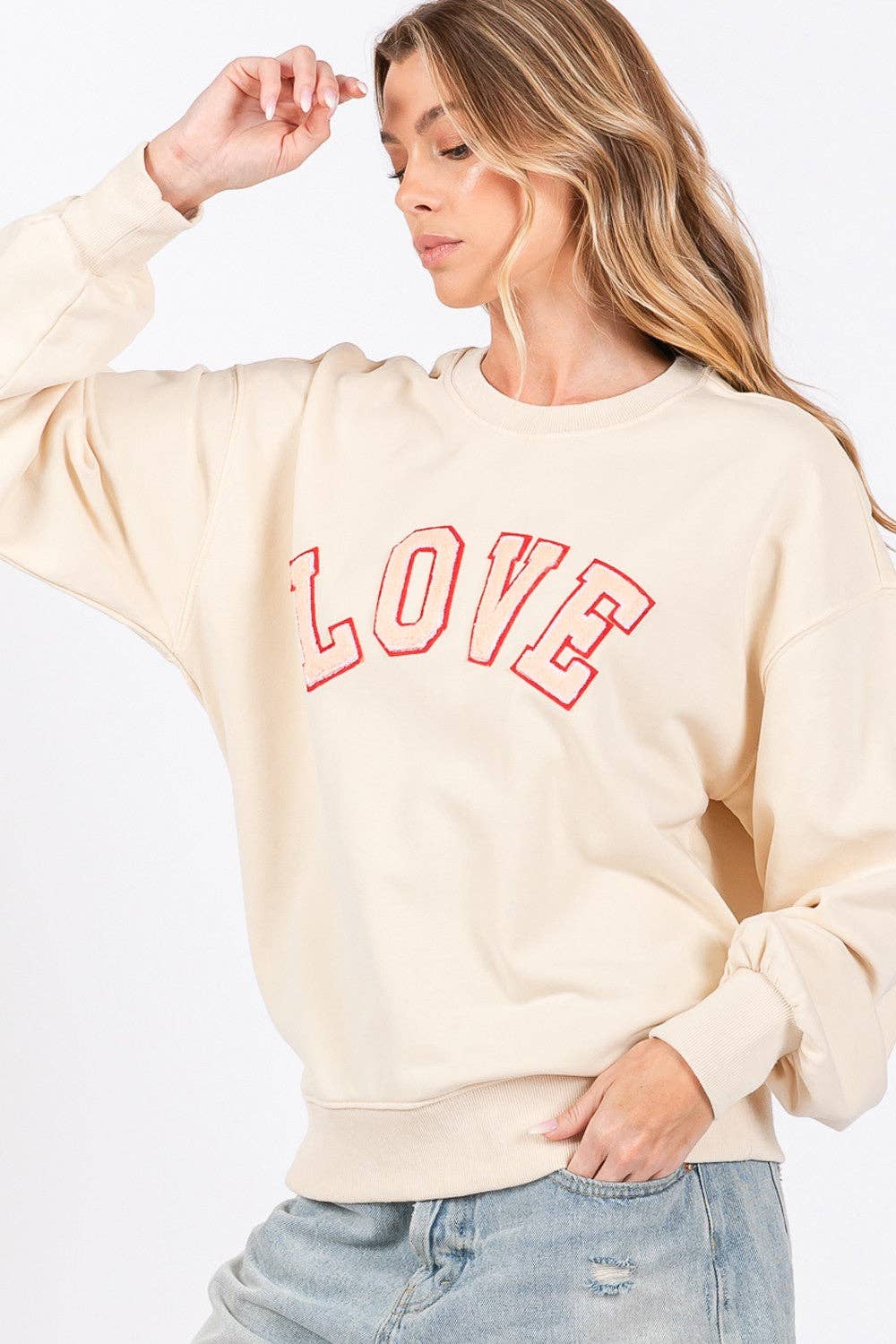 Ivory SAGE + FIG LOVE Path Applique Drop Shoulder Sweatshirt for wholesale on Faire2