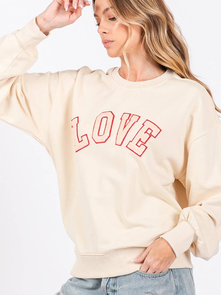 Ivory SAGE + FIG LOVE Path Applique Drop Shoulder Sweatshirt for wholesale on Faire2