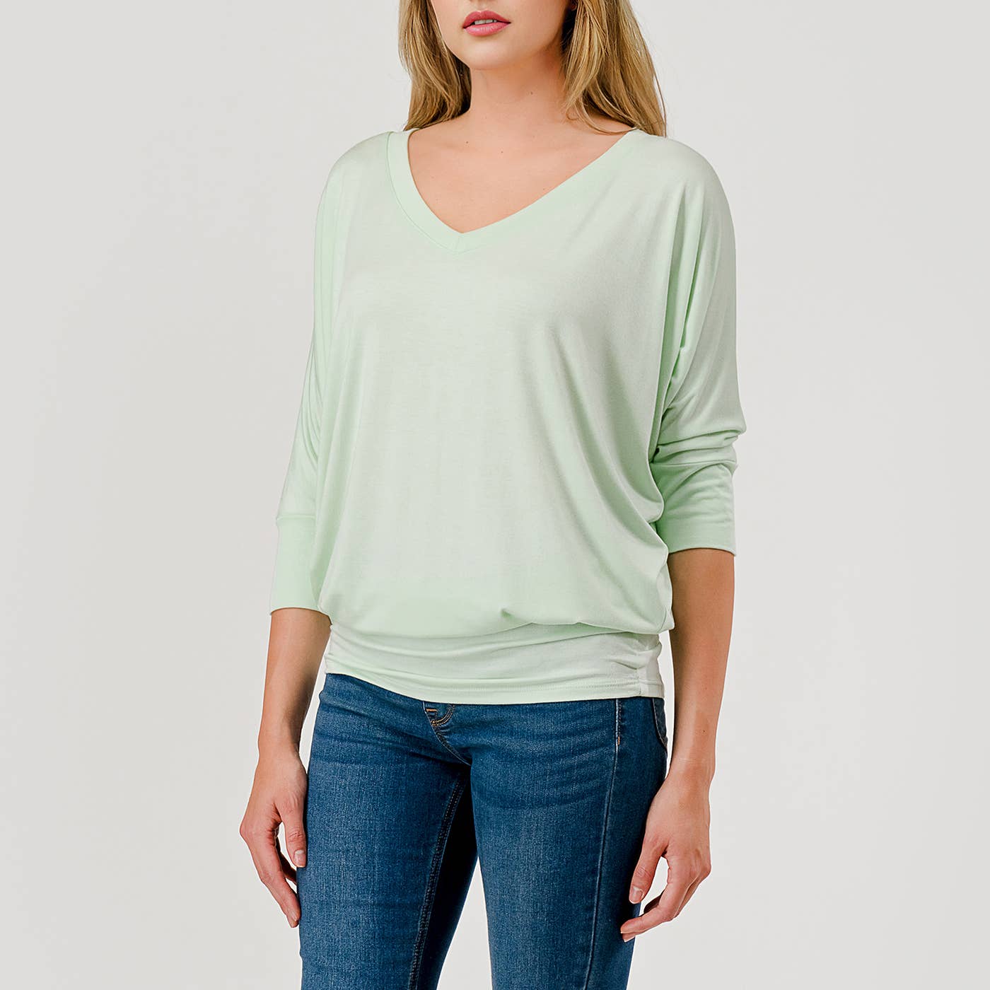Heimious - Wholesale Knit Top - Women's - 3/4 Dolman Sleeve V-neck Modal Jersey Top, 257382