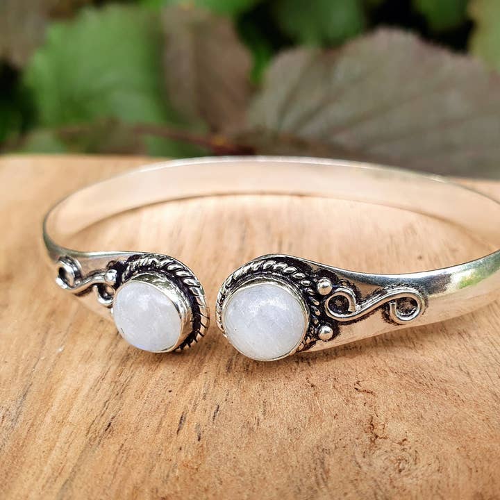 Moonstone Bracelet / Silver Bangle / Ethnic / Rustic / Bohemian / Hippie / Gypsy / Psy / Chic / Jewellery / Body / Adjustable for wholesale by Kaali Boutique