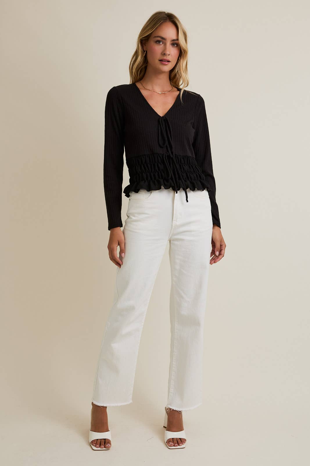 Black V-NECK FRONT TIE LONG SLEEVE TOP for wholesale on Faire3