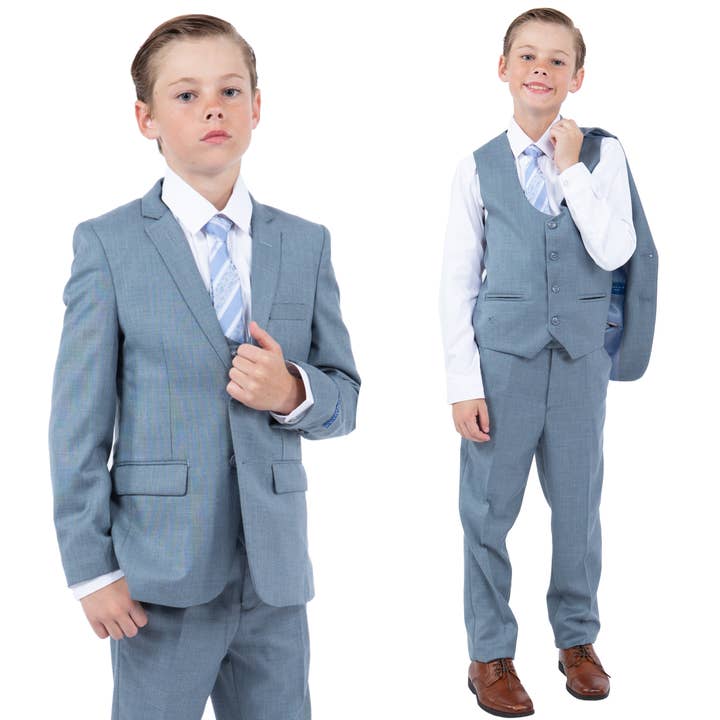 Suits America - Wholesale Suit Set - Kids - Perry Ellis Sharkskin 5pc Boys Suit, Slate Blue
