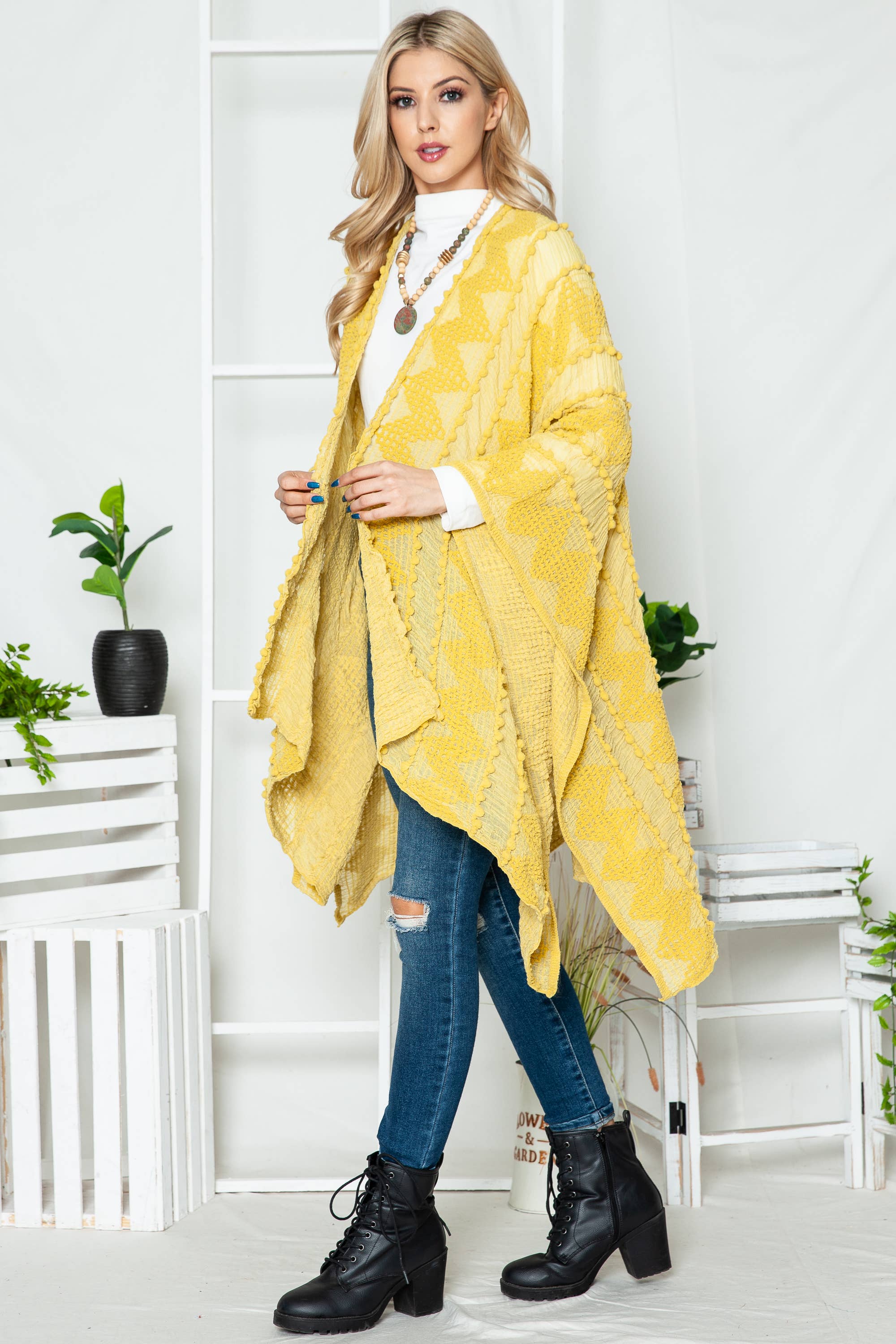Justin & Taylor - Wholesale Kimono - Women's - Puffer-Up | Soft Textured Cover-Up Kimono With Pom Detail10