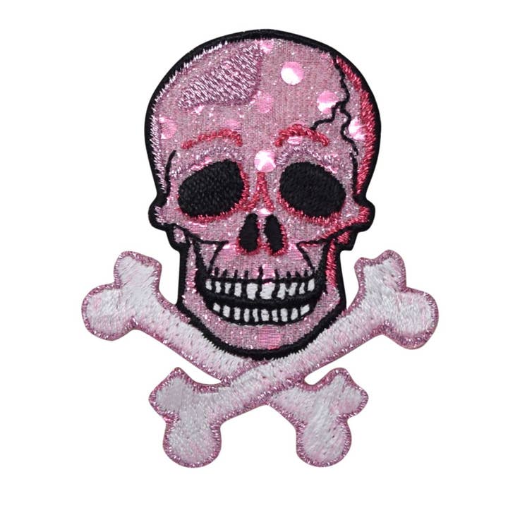 Pink Skull Crossbones, Shimmery, Jolly Roger Iron on Patch for wholesale by Wholesale Applique