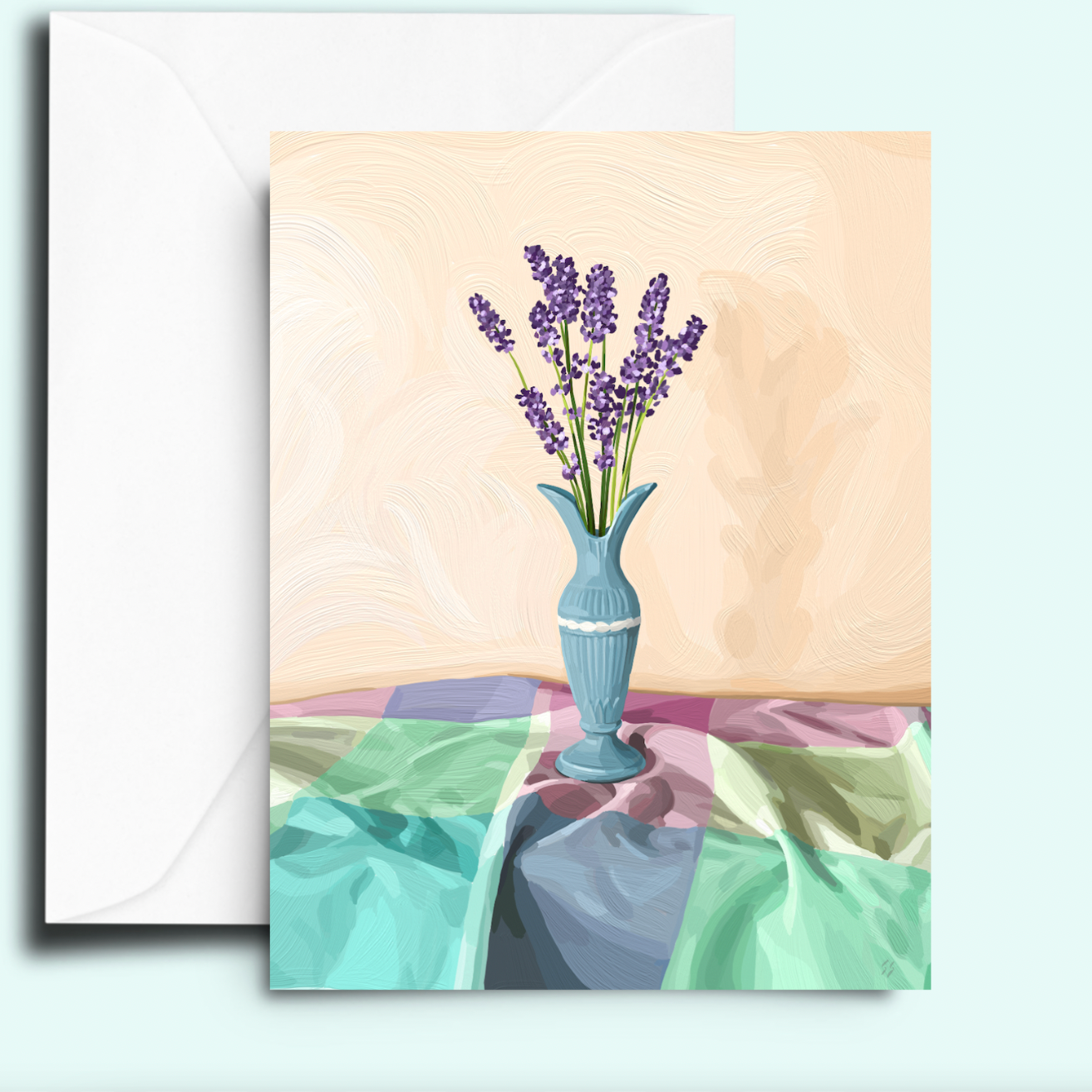Shannon Smith Artwork - Vente Carte de vœux classique - Carte de vœux Lavande dans un vase bleu vintage0