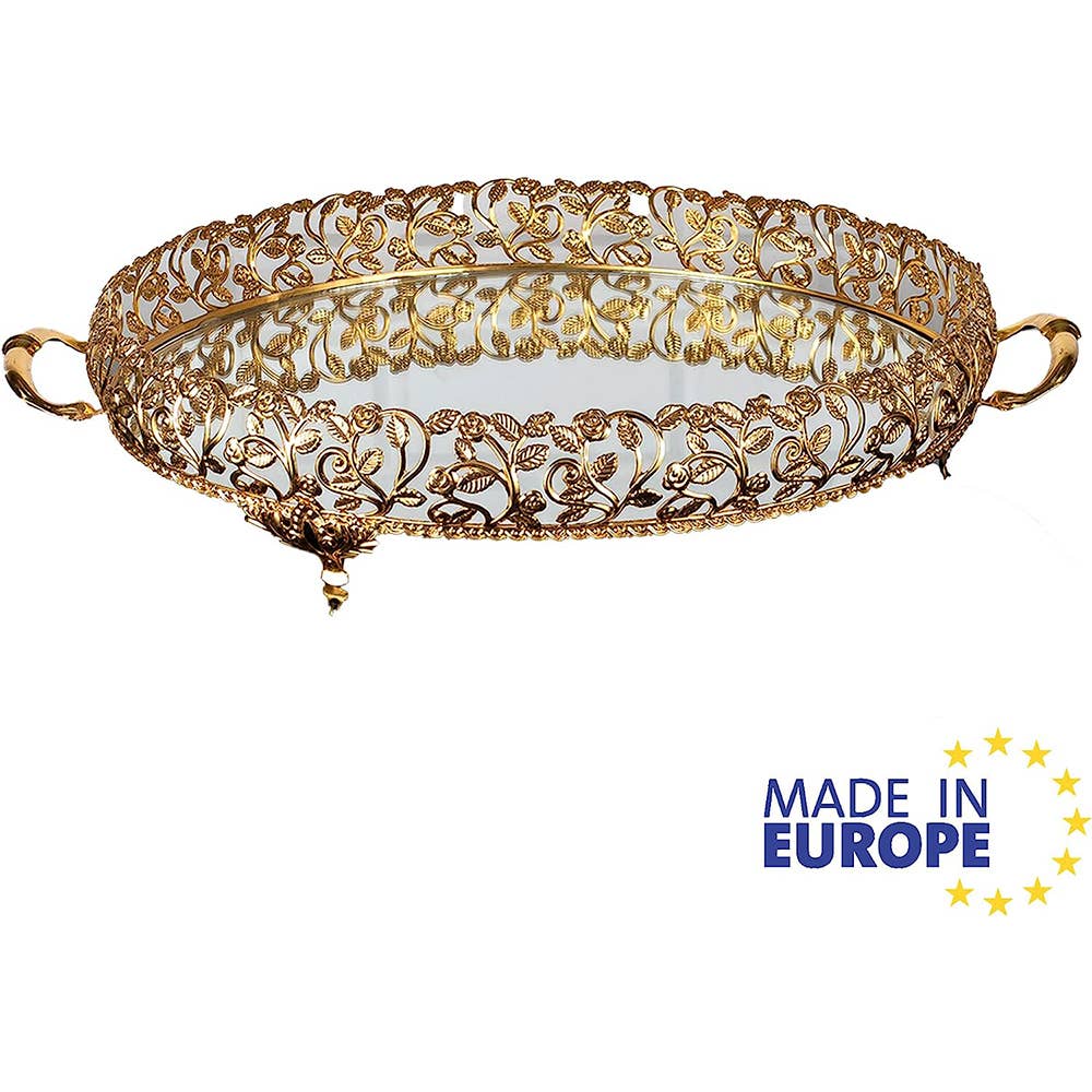 Hakan – Großhandel Deko-Tablett – Ovales, handgefertigtes Spiegel-Tablett aus Metall mit filigranem Design von Hakan3