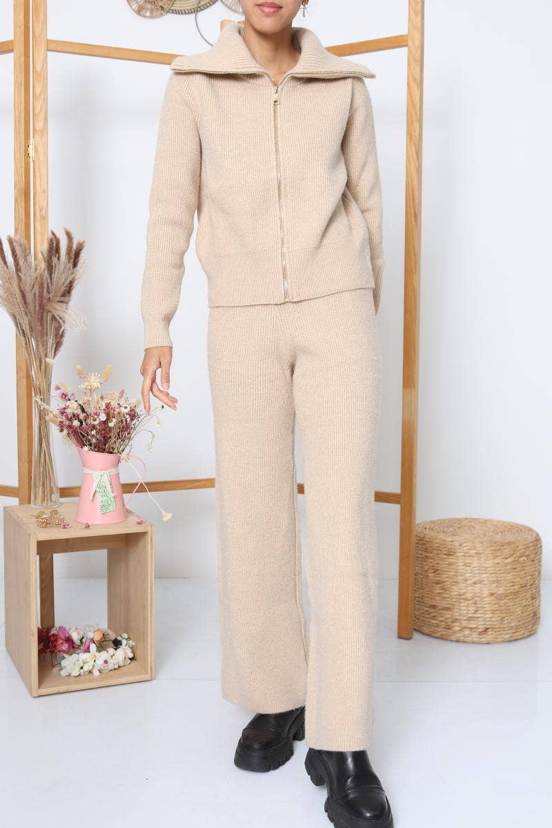 DIX-ONZE - Wholesale Top & Pant Set (NOT Loungewear) - Women's - Zipped Knit Set – Wide Collar Jacket & Straight Pants