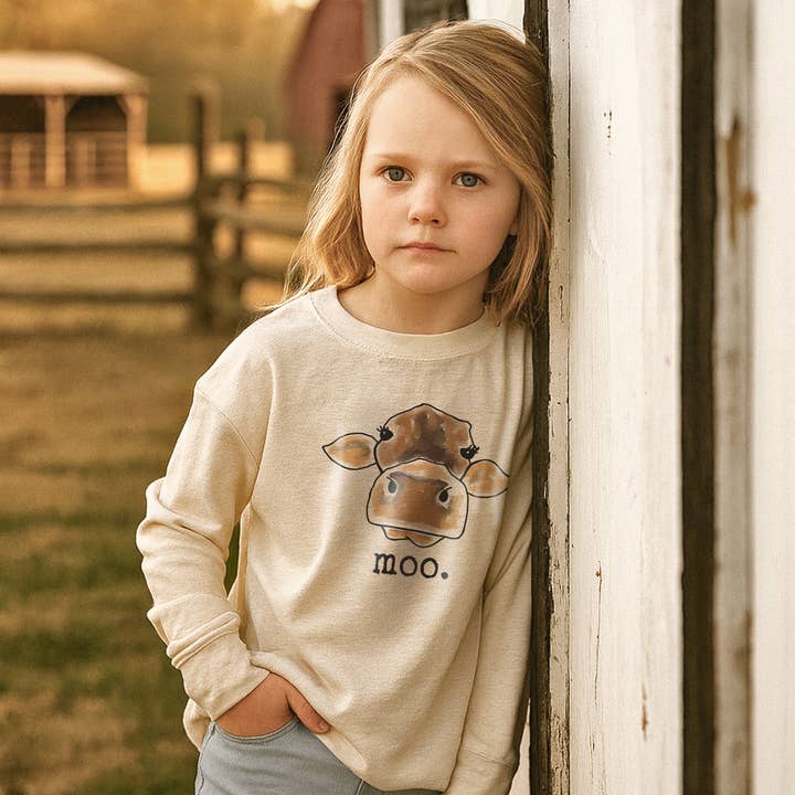 Moo Cow Country Farm Youth Clothing Unisex Long Sleeve Shirt for wholesale by Barefoot Baby