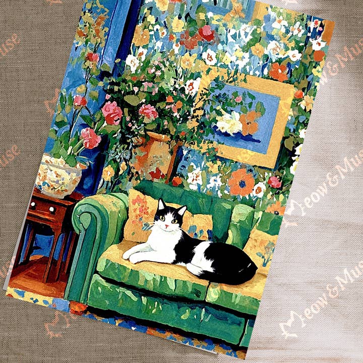 Meow & Muse - Wholesale Postcard - Watercolor-style postcard 'Tuxedo cat on the sofa'