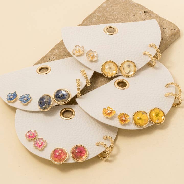 Conjunto de Três Pares de Brincos de Flores Prensadas em Resina por atacado de Anarchy Street