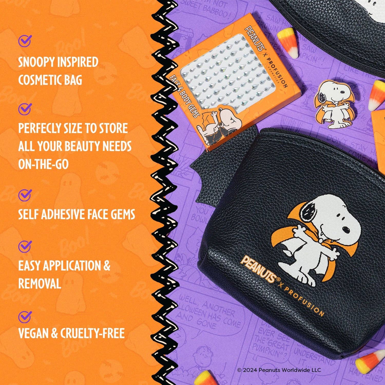 VIAI Beauty - Wholesale Makeup/Cosmetic Bag - Peanuts Halloween | Count Snoopy Cosmetic Bag Set with Gems2