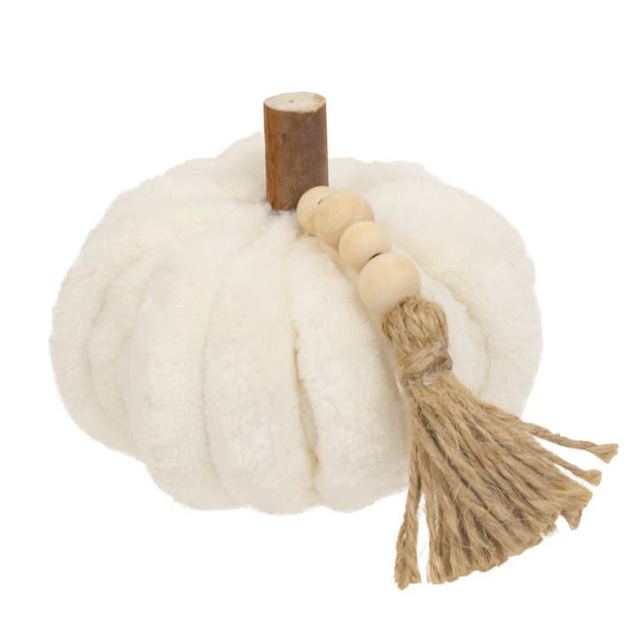 Cream Ribbed Pumpkin w/Beaded Tassel, Small for wholesale by Col House Designs