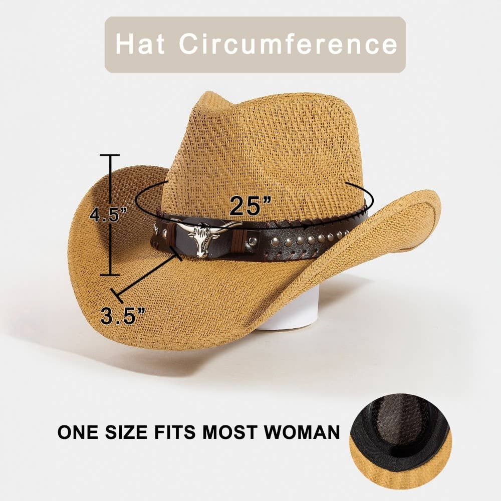Collections by Fame Accessories - Vente Chapeau de cowboy – femme - Chapeau de cowboy western en paille avec sangle à tête de taureau cloutée2