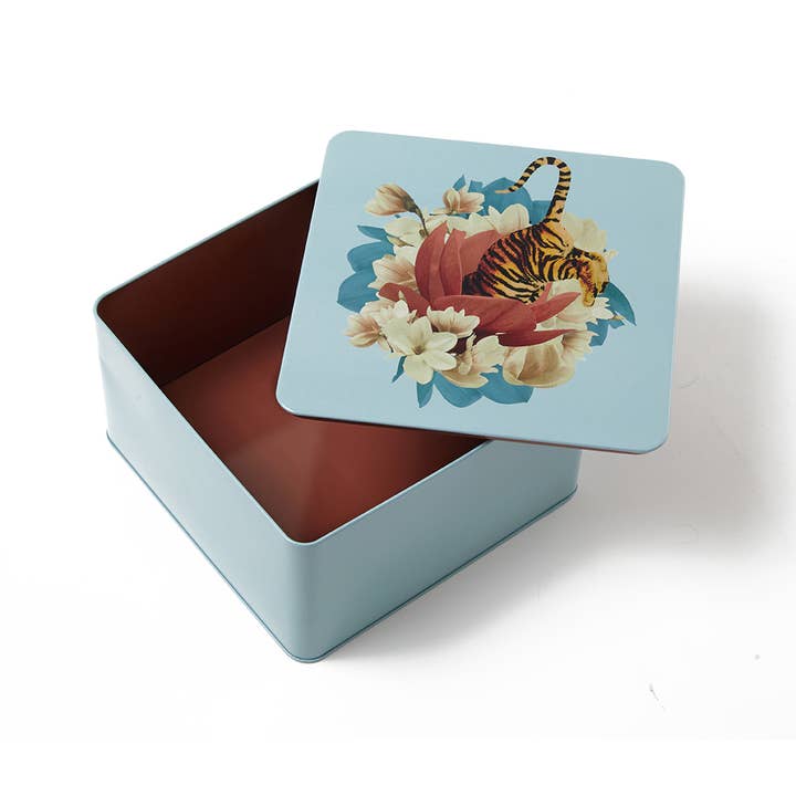 Gangzaï Design – Engroshandel Pynteæske – Firkantet metalæske med tigerblomstermotiv1