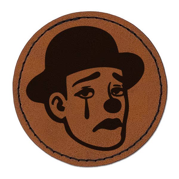 Sad Clown Mime Tear and Bowler Hat Round Iron-On Engraved Faux Leather Patch Applique - 2.5 Inch for wholesale by Sniggle Sloth