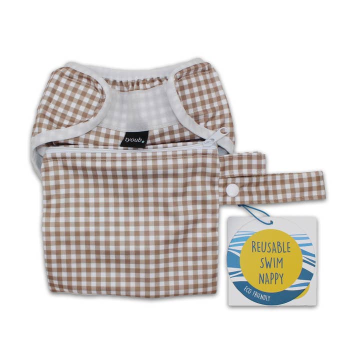 Tyoub - Wholesale Swim Diaper - Baby - Adjustable Reusable Swim Nappy and Wet Bag Fawn Check