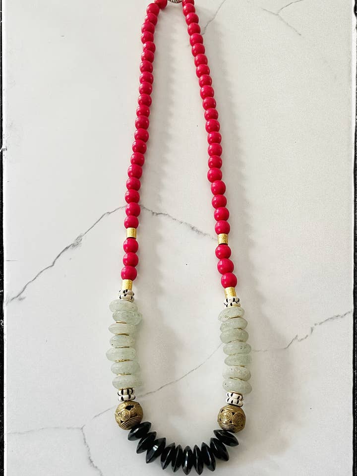 Black African Bone Recycled Glass & Red Wood Bead Necklace for wholesale by GentrybyJenna