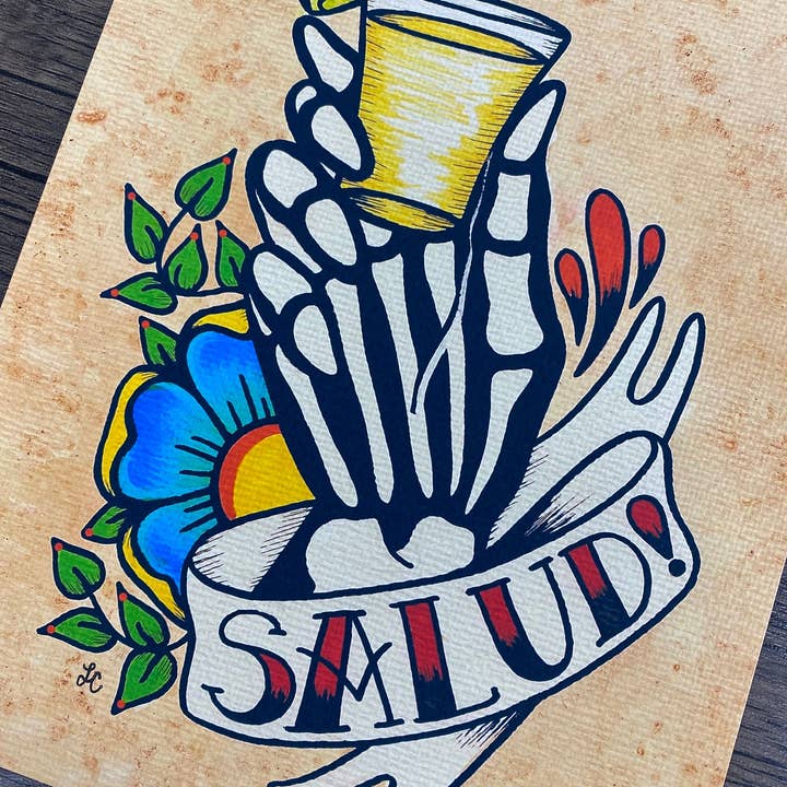 "Salud!" Art Print Day of the Dead Skeleton Hand with Tequila Shot Glass for wholesale by Illustrated Ink