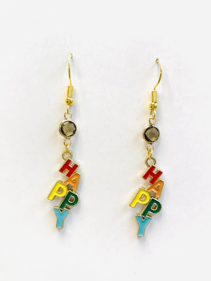 Gold Happy Earrings With Grey Stone for wholesale by SimpleNGreat