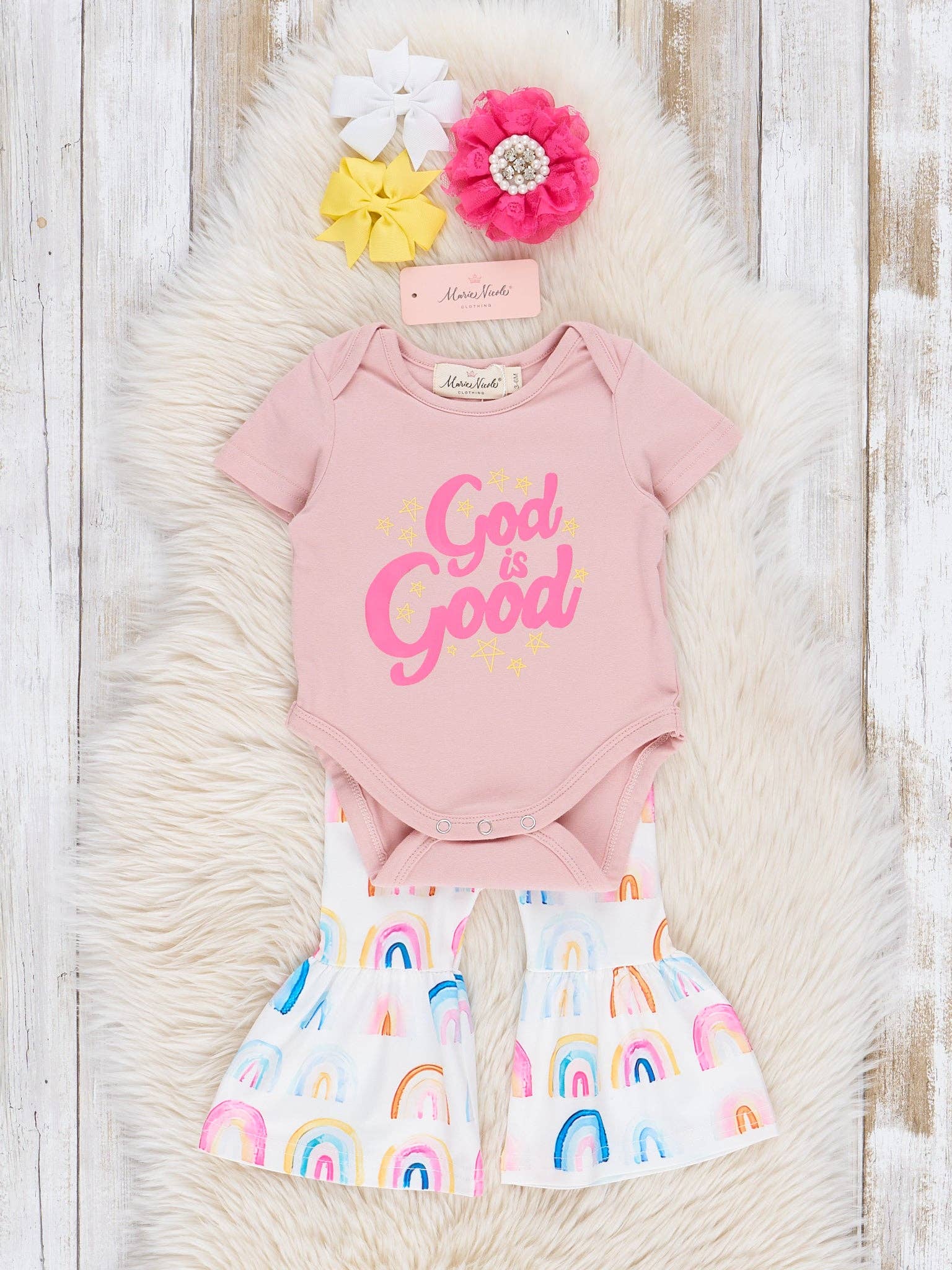Marie Nicole Clothing - Wholesale Top & Pant Set - Kids - "God Is Good" Rainbow Bell Bottoms Outfit1