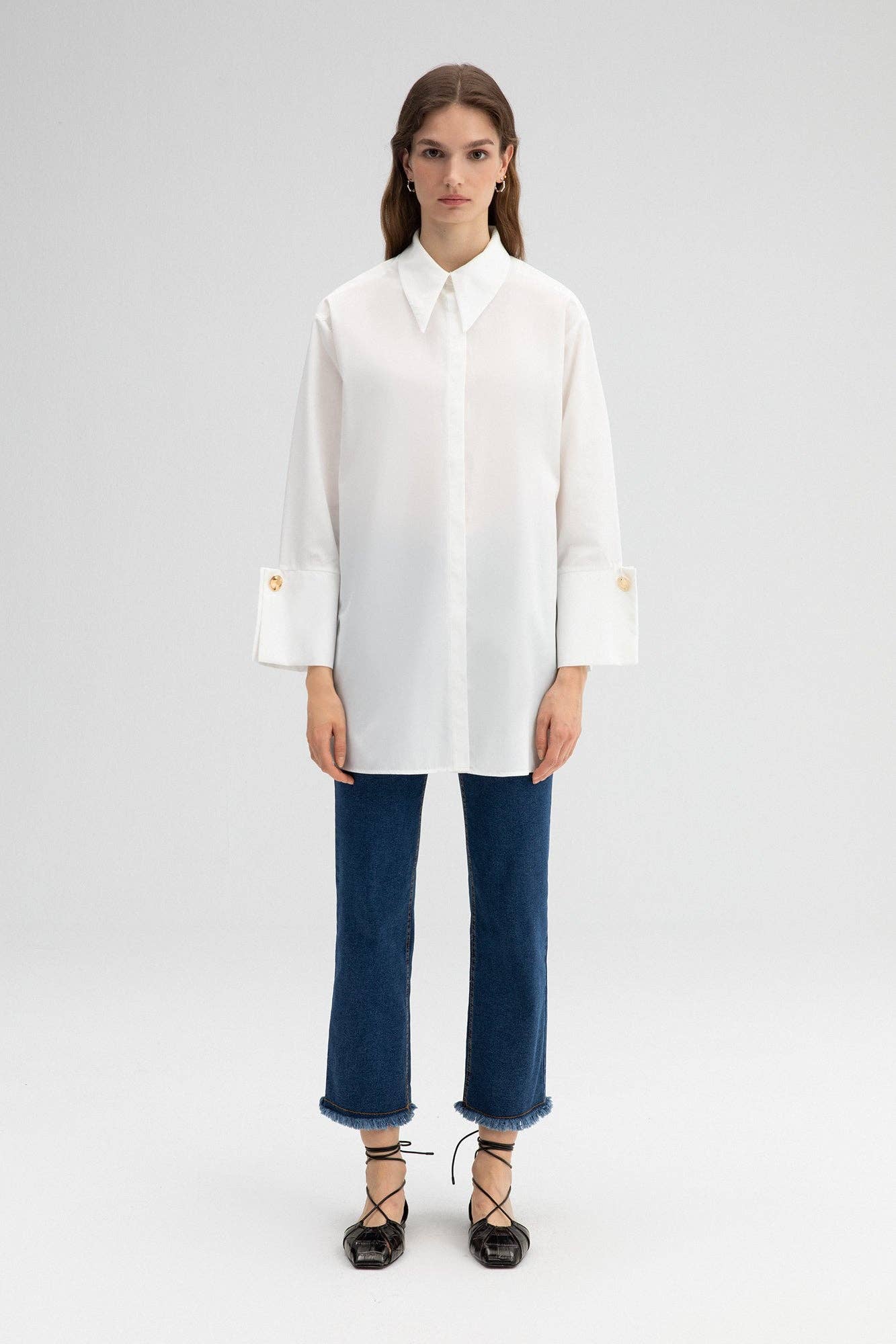 Cream  POPLIN SHIRT WITH STATEMENT WIDE CUFF - COTTON BLEND for wholesale on Faire0