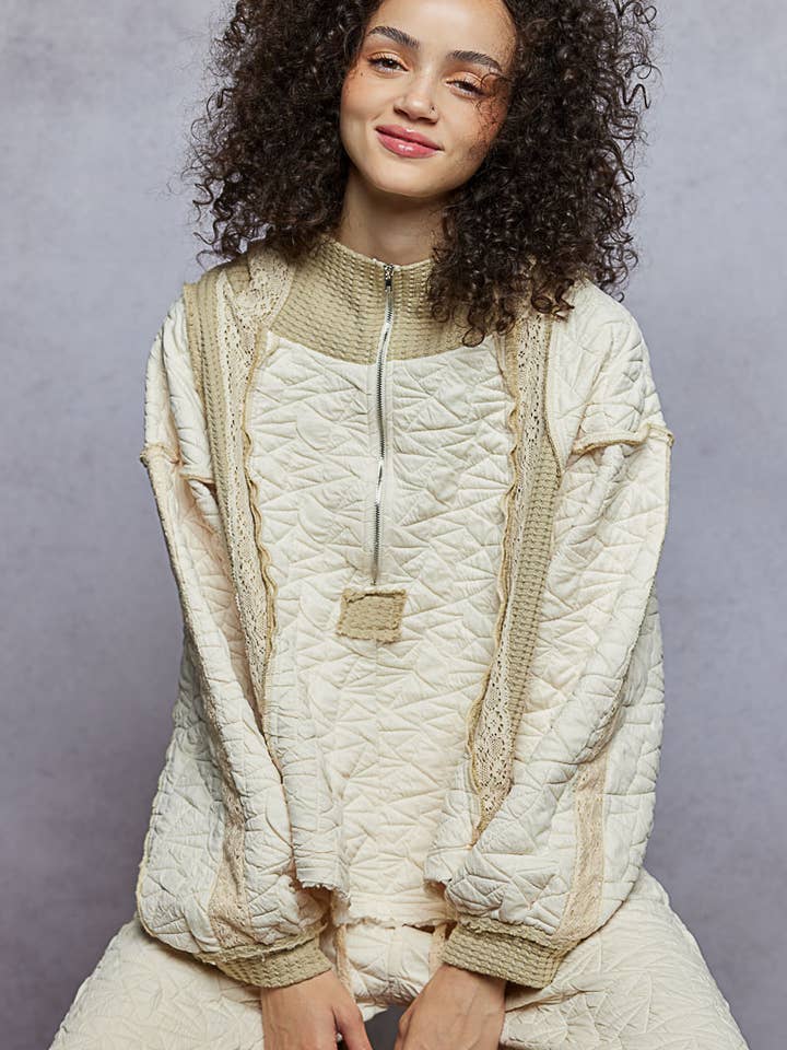 Long sleeve solid stitch edge quilted woven hoodie top for wholesale by Pol Clothing