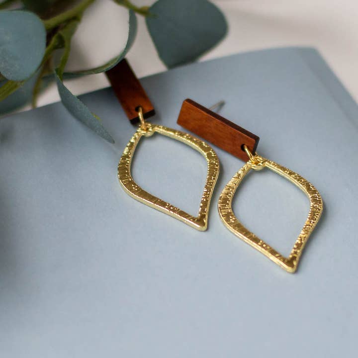 Wood and Gold Bulb Earrings for wholesale by Blushes and Neutrals