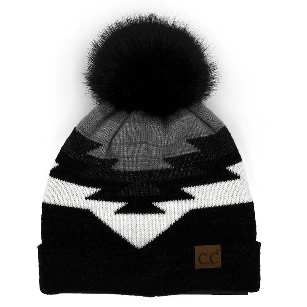 Fashion City - Wholesale Beanie - Women's - Aztec Pattern Beanie with Natural Pom-Pom0